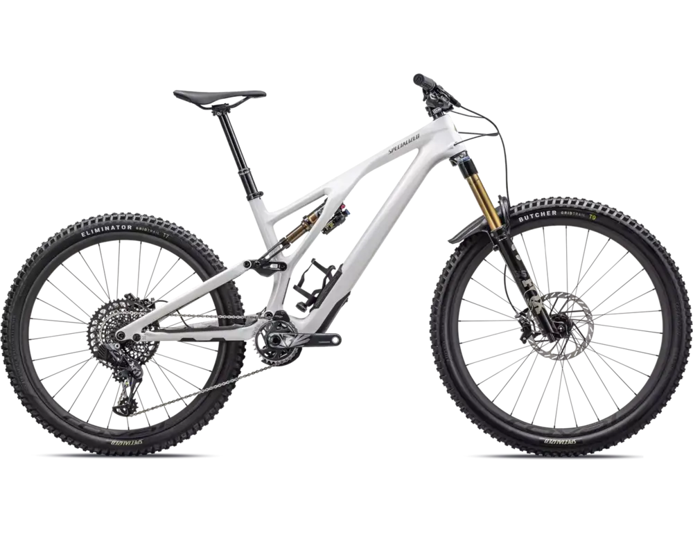 The 2023 Specialized Stumpjumper EVO Carbon mountain bike featuring a sleek black and white color combination