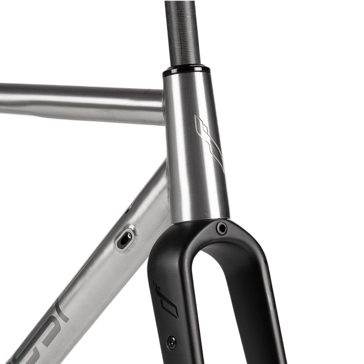 Closeup shot of a precision-engineered road bike frame with smart Fork Blades