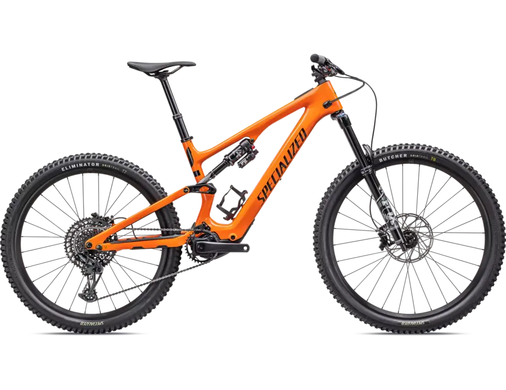 2023 Specialized Turbo Levo SL Carbon - A sleek shiny orange and black e-mountain bike for thrilling off-road adventures