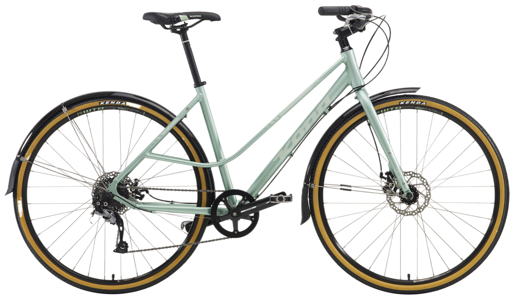 2022 KONA COCO bike in striking green and catchy yellow tyres strips