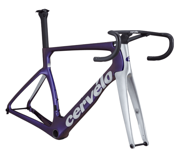Back full view of 2023 Cervélo S5 Work - A high-performance and stunning purple and white colour racing bike frame